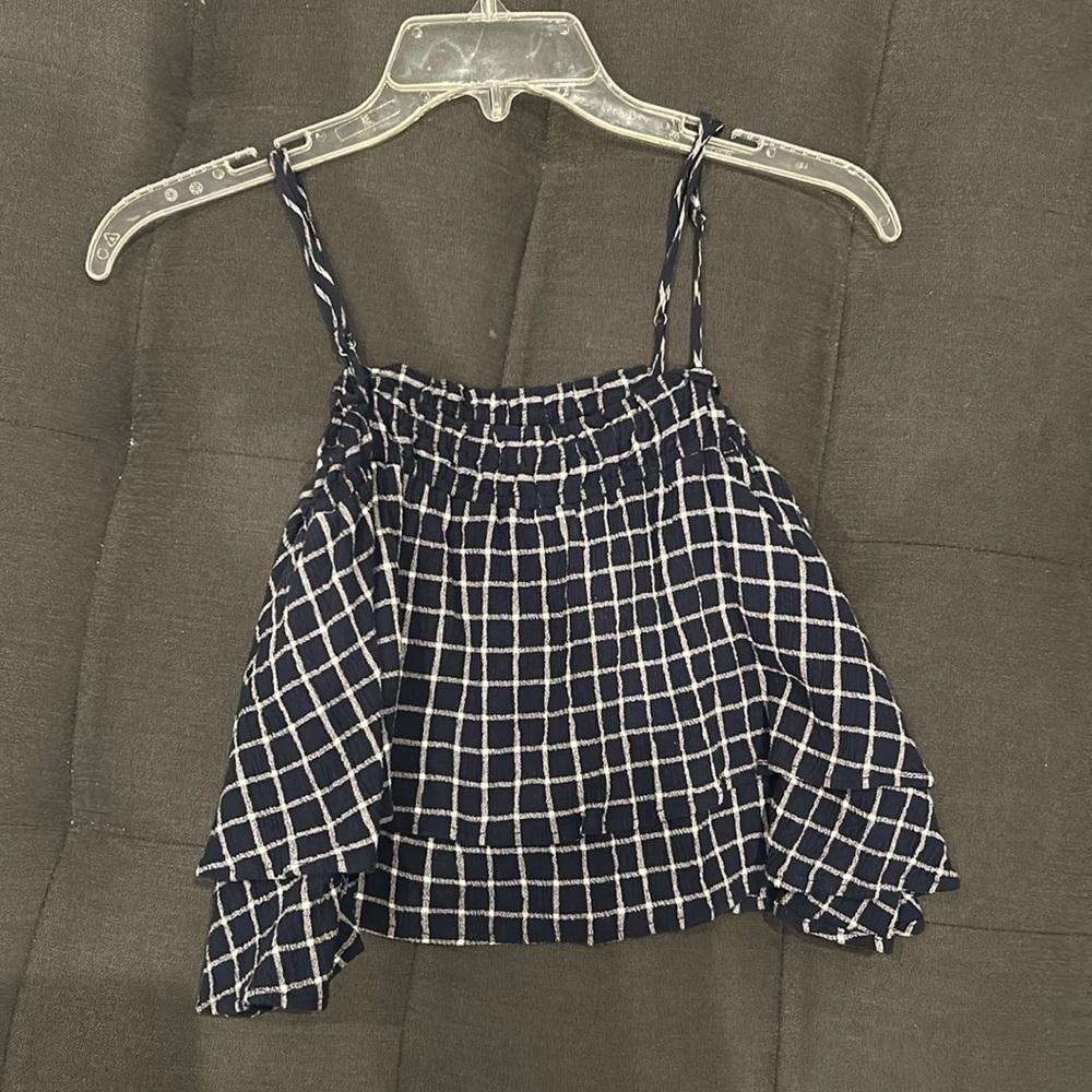 Cropped blue and white checkered flowy sleeves top from Vanilla Sky boutique